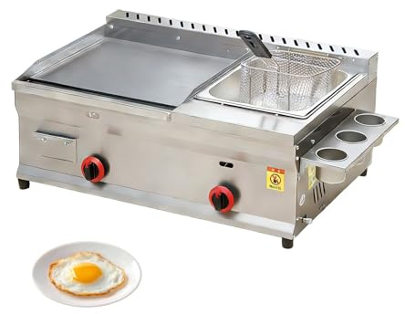 Combinación Freidora Y Plancha Freidora Comercial Gas, Equipo De Cocina De Acero Inoxidable De Alta Resistencia Con Doble Zona De adjustment Para Restaurantes Y Catering(Home-Use)