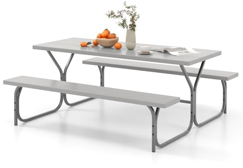 GIANTEX Gartenmöbel Picknicktisch Set 8 Personen, Bierzeltgarnitur Campingtisch mit 2 Bänken & Schirmloch, Bierbankgarnitur Outdoor Sitzgruppe, Biertischgarnitur wetterfest aus HDPE (Grau)