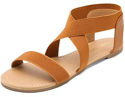 DREAM PAIRS Women's Elastic Ankle Strap Flat Sandals,Tan,6.5