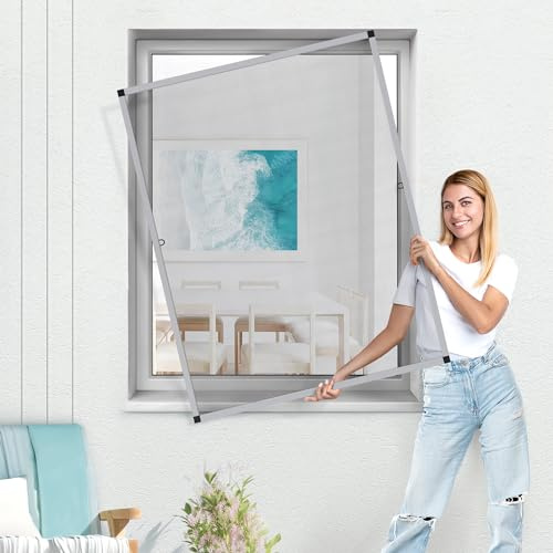 jarolift Fliegengitter für Fenster SlimLine Insektenschutz ohne Bohren, mit Alurahmen Spannrahmen, Mückenschutz Mückengitter, 70 x 150 cm, Silber