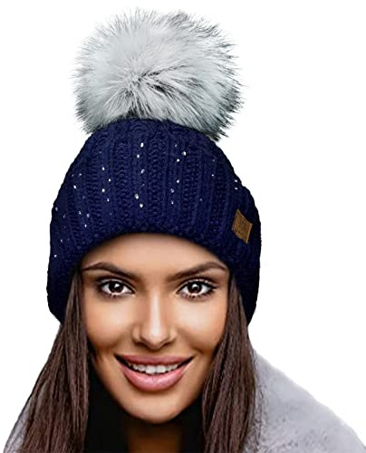 4sold Damen Wurm Winter Style Beanie Strickmütze Mütze mit Fellbommel Bommelmütze Hat Ski Snowboard Pelz Bommel Pompon Kreis Kleine Kristalle Crystals