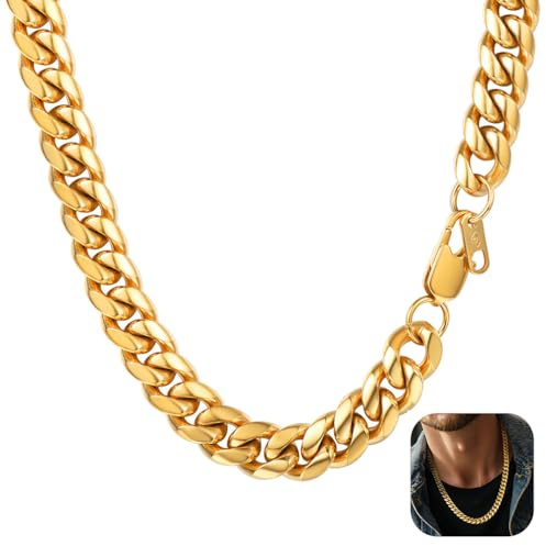 PROSTEEL Collana Uomo a Catena Barbazzale Cubana Larga Grossa Robusta, Larghezza 10 mm, Lunghezza 50 cm, Acciaio Inossidabile Placcato Oro 18K, Hip Hop Punk Rap, Oro, Regalo Perfetto (con Confezione)