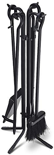 COSTWAY 4/5 Piece Fire Tools Set, Iron Fireplace Fireside Companion Brush, Poker, Shovel and Tong, Perfect for All Rooms Fire Place (5 Pieces, 4-Footed Base, Black)