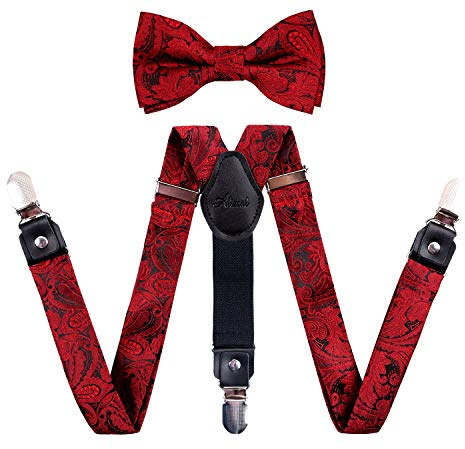 Alizeal Jungen verstellbare Fliege mit floralem Paisley-Muster und Y-förmige Hosenträger mit 3 Clips,Weinrot