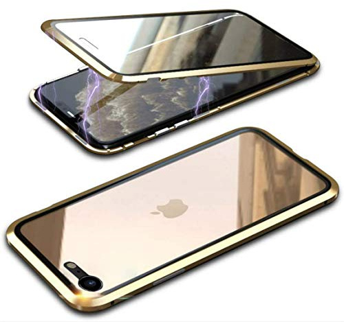 MOSSTAR Hülle für iPhone SE 2022/iPhone SE 2020/iPhone 8 4.7'', Magnetische Handyhülle 360 Grad Full Body Vorne hinten Gehärtetes Glas Schutzhülle Einteiliges Ultra Dünn Flip Transparente Cover,Gold