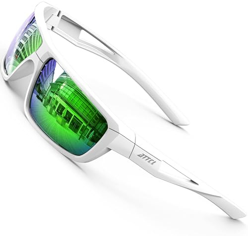 ATTCL Lunettes de Soleil Homme Polarisées: UV400 léger TR90 Monture Enveloppant Verres Miroir Sports Conduite Pêche Golf J2021 Blanc Vert