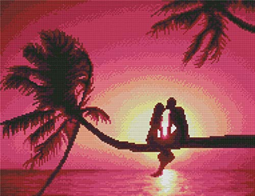 Abillyn Stickerei-Kreuzstich-Set, Paar, Küssen am Strand, Palme, Sonnenuntergang, gestempelt mit bedrucktem Muster, Starter-Set (Paar)
