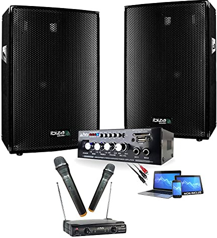 IBIZA Sound Light - Karaoké Pack Sono 600W - Double Micros sans Fil - Ampli HiFi Bluetooth USB - 2 Enceintes Sono 300W - Cable PC - DJ Anniversaire