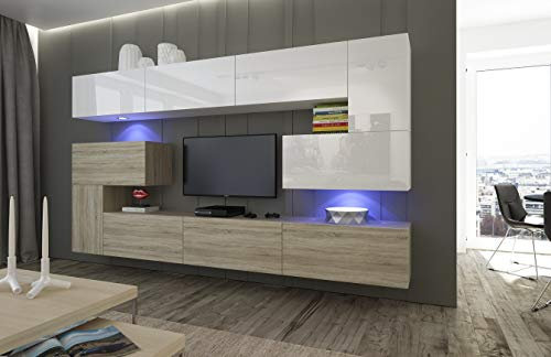 Furnitech Wohnwand Wohnzimmer - Hängend Wohnwand Modern Schrankwand mit Regale und TV Schrank - Wohnzimmer Möbel ohne LED (Albania AN3-17WS-HGM32 1A)