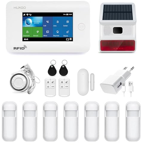 HUXGO HXA006 Funk Alarmanlage WiFi + GSM 4G Modul mit 7 Bewegungssensoren und Funk Solarsirene - Bewegungsmelder mit Alarm, SMS-Benachrichtigungen, Steuerung vom Telefon aus