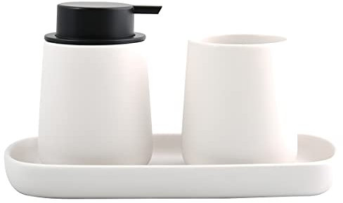 MSV Badezimmer Set, 3-teiliges Badzubehör aus Keramik Maonie Seifenspender, Badablage für Schmuck und Zahnputzbecher Weiß