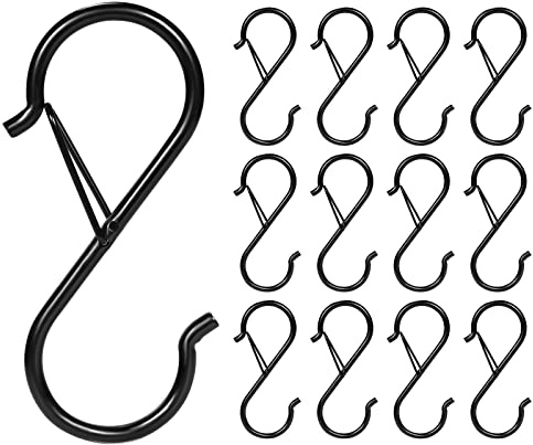 KINBOM 12 Stück Kleine S Haken, Metallhaken Heavy Duty mit Sicherheitsschnalle Kann zum Aufhängen von Pflanzen, Lampen, Geschirr, Besteck, Kleidung, Handtüchern verwendet werden (Schwarz)