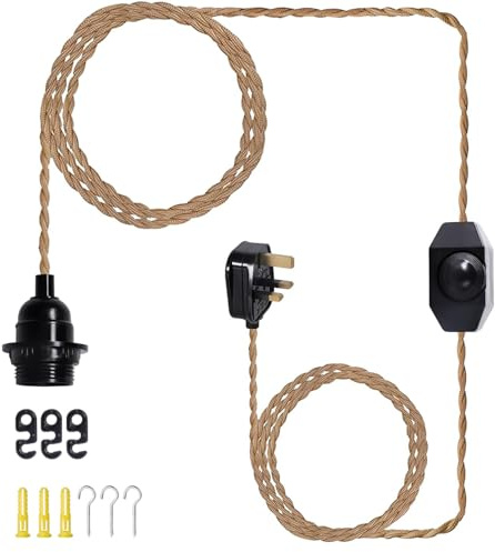 15FT Vintage Plug in Pendant Light Cord Hanging Light Dimmer Switch Kit DIY with Twisted Nylon Rope, Industrial Ceiling Pendant Lighting E26 E27 Socket for Farmhouse Kitchen Cable