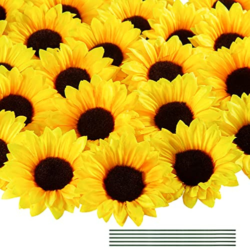 Coferset 40pcs Fake Sunflower Heads with Stems, 4 Sunflower Artificial Silk Flower Heads for Party Baby Shower Wedding Making Handicrafts Home Decor(Yellow)