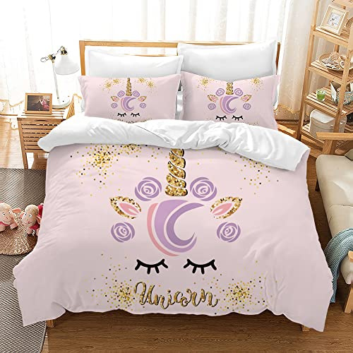 Juego de Ropa de Cama para niños, diseño de Motocross, Microfibra, 3 Piezas, con Funda de Almohada (Flash Gold Unicornio, 135 x 200 cm)