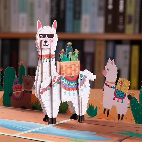 AIBAOBAO Pop Up Karte, Lamas mit Kaktus, 3D Geburtstagskarte mit Alpaka, Gutschein zum Geburtstag, 3D Pop up Karte als Grußkarte für Geldgeschenke, Handgefertigte Klappkarte mit Umschlag