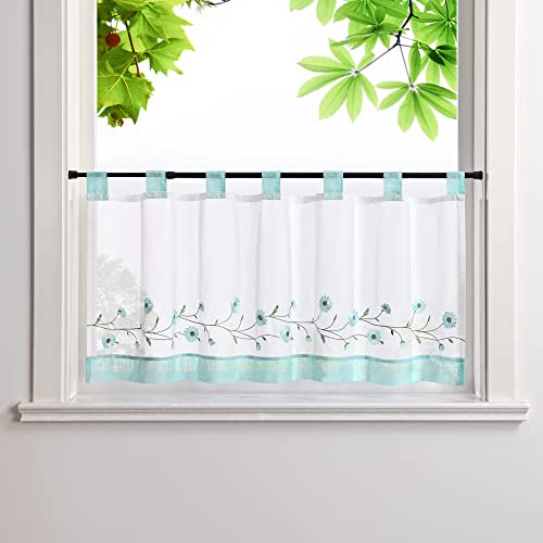 HeichkelL Bestickte Scheibengardine, Kurzstores, Hellblau BxH 90x45 cm | Voile Kurzvorhang mit Schlaufen, Pastorale Küchengardinen, Landhausstil Bistrogardine