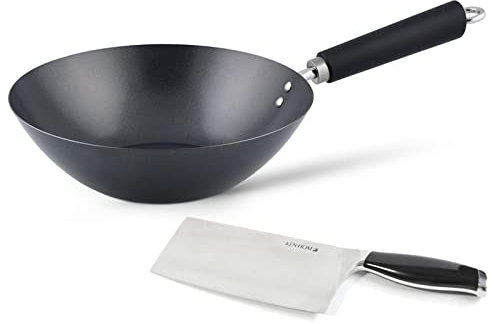Ken Hom Wokpfanne 27 cm Induktion - Antihaft Karbonstahl Wok mit Kunststoffgriff - beschichteter Stielwok inkl. Hackmesser 18 cm - für alle Herdarten geeignet