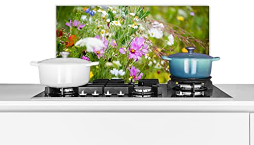 Credence Fleurs - Nature - Vert - Herbe - Violet - Blanc Fond de hotte 60x30 cm Credence aluminium Plaque inox de cuisine