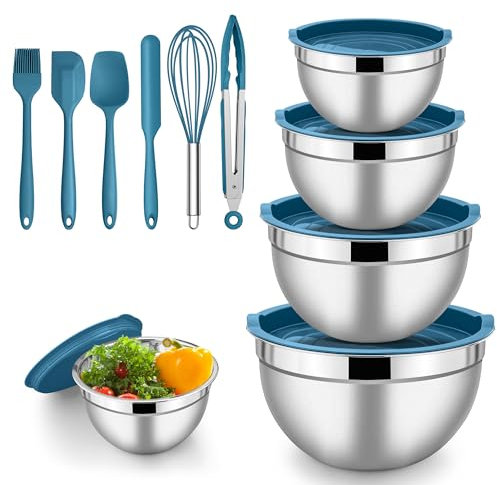 Herogo Schüssel mit Deckel, Edelstahl Salatschüssel Set 5er Set, Größe 4,5L/2,7L/1,5L/1,2L/0,7L, Stapelbar Rührschüssel für Küche Mischen und Servieren, Beinhalten Backen Zubehör, Spülmaschinenfest