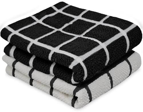Towelogy® Premium Tea Towels for Kitchen 100% Cotton Lint Free Large Black/White Jumbo Check Dishcloths Tear Resistant & Ecofriendly 45x65 cm (Black/White, 2)