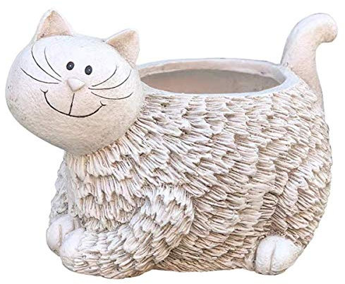 Pimex Statue de Jardin Statues d'extérieur 13,4 Pouces, Statues décoratives de Jardin de Chat Blanc Souriant, Grands Pots de Fleurs de jardinière de Chat Mignon pour Plantes succulentes