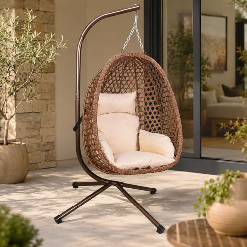 GOODS EMPORIUM Luxury Folding Hanging Rattan Egg Swing Chair Patio Garden Cocoon Relaxing Hammock with Cushions (Brown, Single)