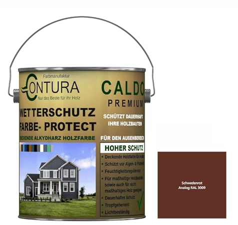 Contura Wetterschutzfarbe 2,5 Liter Holz Dauerschutzfarbe Deckend Buntlack Holzfarbe Holzlasur Seidenmatt (Schwedenrot - RAL 3009 Analog)