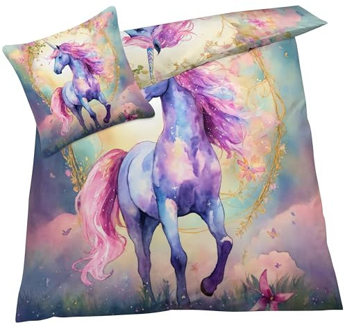 YELDAN Bettwäsche 140x200 Einhorn, Märchen Kinder Bettbezug, Bettwäsche-Sets 2 teilig, Weich & Bügelfrei Mikrofaser Wendebettwäsche und 1 Kissenbezug 80x80 mit Umschlag