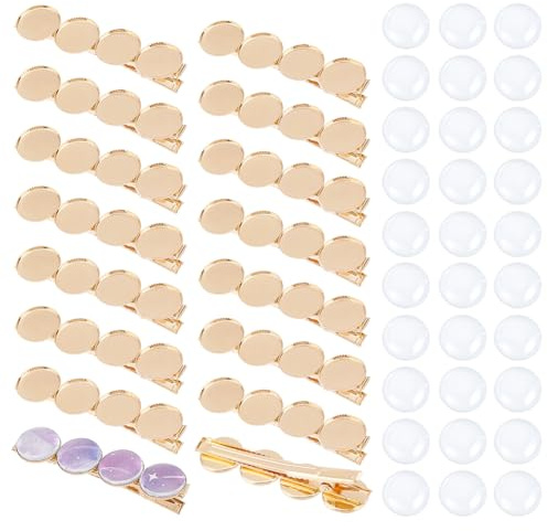 UNICRAFTALE Kit de 16 Pinces à Cheveux Crocodile Doré Clair en Métal avec Plateau Rond Vierge 14mm - 64 Cabochons Dessus Plat Inclus - Pour Coiffeur