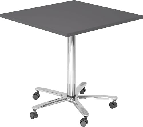 bümö Säulenhubtisch höhenverstellbar, Stehtisch Büro, Bistrotisch rund 80 x 80 cm - Besprechungstisch Graphit, Stehtisch Holz-Platte, Säule aus Metall verchromt, Säulentisch, Hochtisch