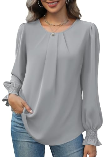 Funlingo Womens Tops Dressy Casual Puff Long Sleeve Tunic Blouses Work Professional Flowy Chiffon Basic Shirts Winter Formal Clothes Light Grey Plus Size 2XL