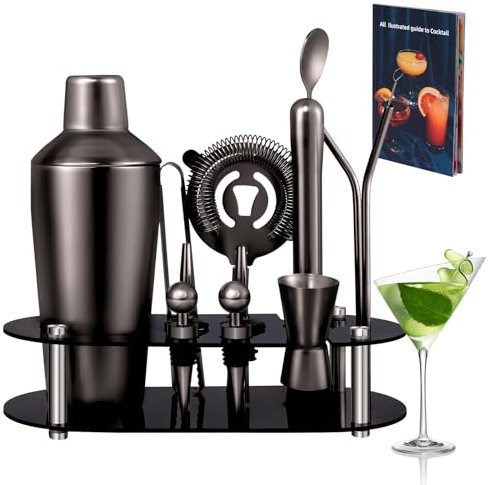 Zanfqvo 700ml Cocktail Shaker, 14-teiliges Cocktail Set mit Ständer & Cocktail Zubehör, Barkeeper Set für Anfänger und Profis, Coctail Mix Set Männer (Schwarz)