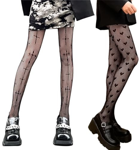 YIWONFU 2 Paar Strumpfhosen Damen Muster, Hohe Taille Mesh Loch Netzstrumpfhose Schwarz, Elastizität Spitze Strumpfhose für Halloween, Mottoparty, Kostümparty, Club, Cosplay-Party (Herz&Kreuzen)