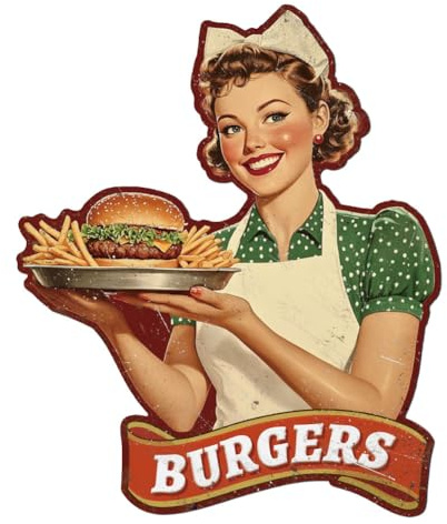 WADORN Metall Blechschild „Hamburger Lady“ Im Vintage Stil Retro Blechschild Mit Burger Food Muster Zum Aufhängen Wanddekoration Für Cafés Geschäfte Restaurants Heimdekoration 26x31.4cm