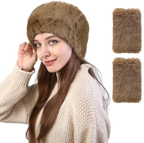 Hifot Fellmütze Stirnband Winter mit Fingerlose Handschuhe, Kunstfell Ohrenwärmer Damen mit Handschuhe Ohne Finger, Ohrenschützer Russische Mütze Pelzmütze Winter Kostüm