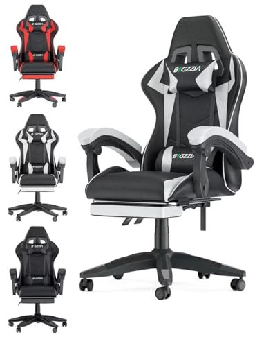 bigzzia Ergonomic Gaming Chair - Gamer Chairs with Lumbar Cushion + Headrest, Height-Adjustable Office & Computer Chair for Adults (with footrest, White)