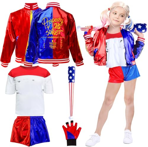Amazluck Quin-n Kostüm für Kinder, Bösewicht Halloween Cosplay Kostüm Kit Mit Jacke T-Shirt Shorts Handschuh Aufblasbarer Baseballschläger Joker für Karneval Halloween Kinder Karneval
