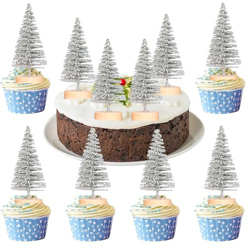 Gyufise 12Pcs Mini Christmas Tree Cupcake Toppers 3D Mini Christmas Tree Cake Topper Decorations for Xms Birthday Winter Holiday Party Decoration Supplies Silver