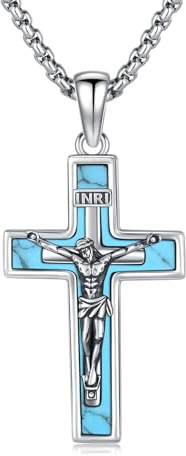 OHAYOO Kreuz Kette für Herren - 925 Silber Kruzifix Kreuzanhänger mit Abalone/Türkis/Malachit/Lapislazuli & Edelstahlkette - Christliche Silber Kette für Männer