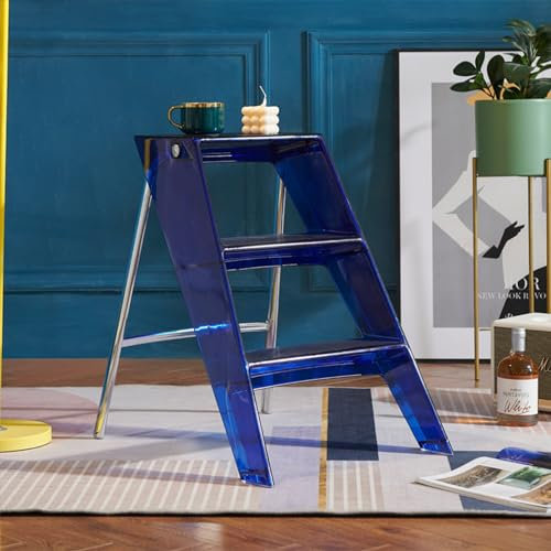Scala e sgabello multifunzione in alluminio per interni, pieghevole, struttura in acrilico, ideale per uso domestico e bibliotecario