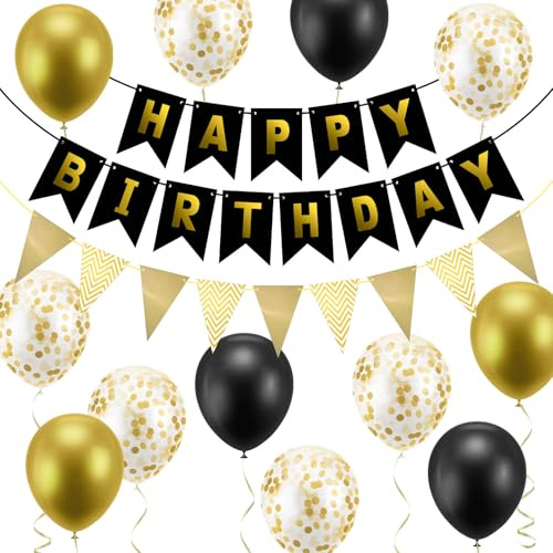 OSDUE Juego de Decoración de Cumpleaños, Decoraciones Fiestas para Niños Cake Topper Incluye Banner de Feliz Cumpleaños, 12 Globos, Confeti, Globos oro Negros, Guirnalda Colgante para Niños y Niñas