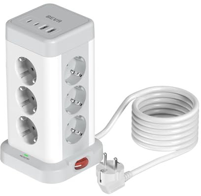 Regleta Enchufe Vertical 3680W, BEVA Torre Enchufe con 12 Tomas de AC Corrientes y 2 USB C, Ladron Enchufe Proteccion Sobretension para Mesa, Oficia, Casa, Cable 2M