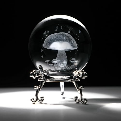 3D Mushroom Crystal Ball With Stand 60mm Laser Engraved Decorative Ball | Plant Paperweight,Glass Sphere,Mushroom Figurines,Gifts for Mom Women Friends,Home Room Table Decor