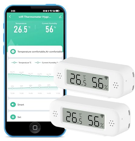 WLAN Thermometer Hygrometer: Smartes Temperatur- und Feuchtigkeitssensor, Echtzeit-Monitor, App-Benachrichtigung, Digitales Temperatursensor Innen, kompatibel mit Alexa/Google Home (2PCS)