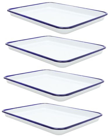 LIFKOME 4pcs Vintage Enamel Baking Pan Set White Baking Tray for Kitchen Use Rustic Enamelware Roasting Tray