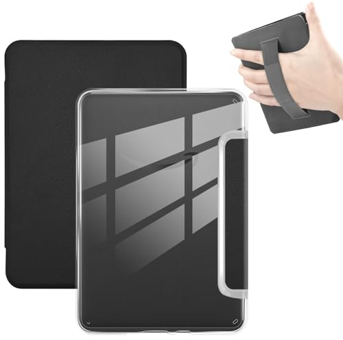 Fodral för 7 tum Kindle Paperwhite (12:e generationen, 2024) med handrem, ultraklart mjuk flexibel transparent TPU bakskydd ljus skal med automatisk uppvakning/sömn, svart