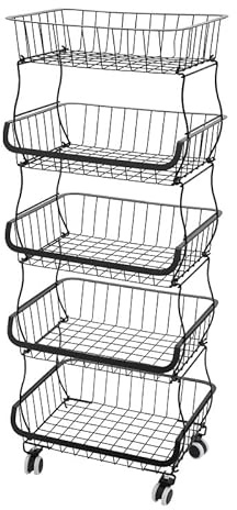 Repomanda Étagère de cuisine à 5 niveaux avec roulettes, panier à fruits et légumes, en métal, organisateur de cuisine, noir, 41 x 29 x 112 cm