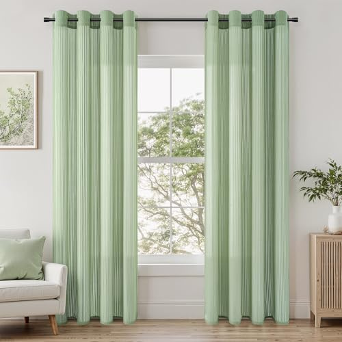 Topfinel Sheer Curtain 2er Set Schlafzimmer Vorhänge mit Ösen Vorhang Mit Vertikalem Streifenmuster Transparent Voile Stores Gardinen Wohnzimmer Modern 140x225cm Salbeigrün