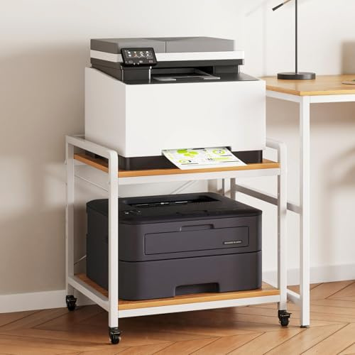 THMINS Large Under Desk Printer Stand, 2-Tier Printer Cart with Heavy-Duty Metal Wheels and Adjustable Shelf, 20 Inches Deep, Maple